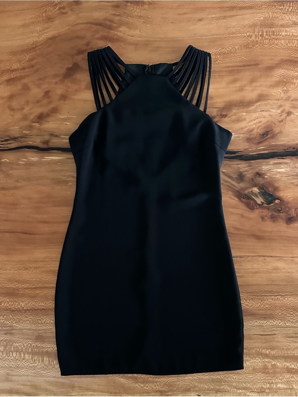 Black Strappy Halter Mini Dress S
Lined Bodycon Cocktail LBD Zip Back